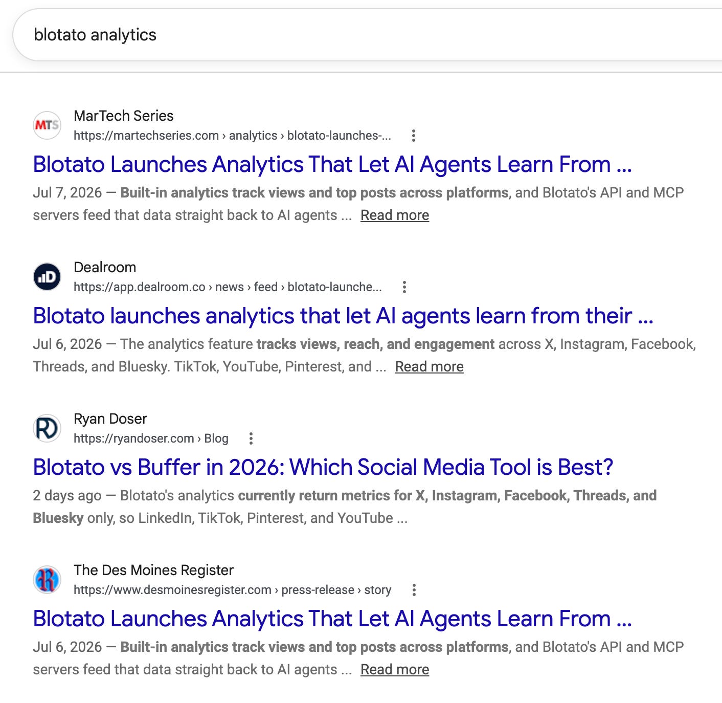 Google results for “blotato analytics” showing pickups on MarTech Series, Dealroom, and the Des Moines Register