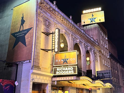 Images from Hamilton marquee and stage on Broadway
