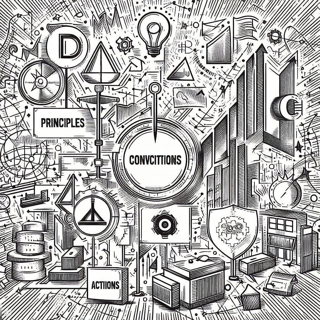 Elements representing principles, convictions, standards, and actions in front of a chaotic street map, line drawing style Elements representing principles, convictions, standards, and actions in front of a chaotic street map, line drawing style