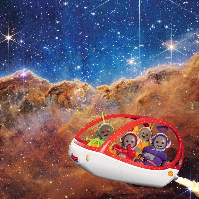 four colorful cartoonish characters in a toys spaceship with a space background four colorful cartoonish characters in a toys spaceship with a space background