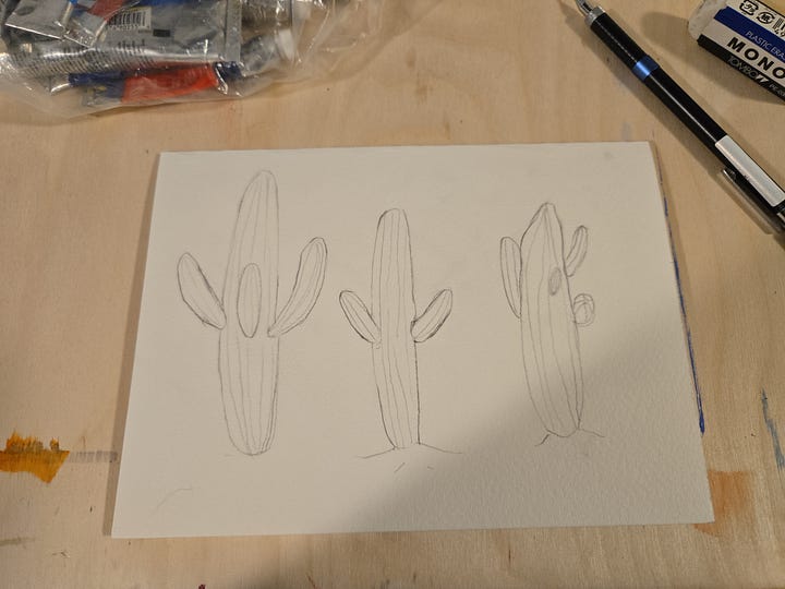 Step-by-step watercolor cactus painting progression with Santa hats, from pencil sketch outlines to colorful finished holiday cactus illustration.