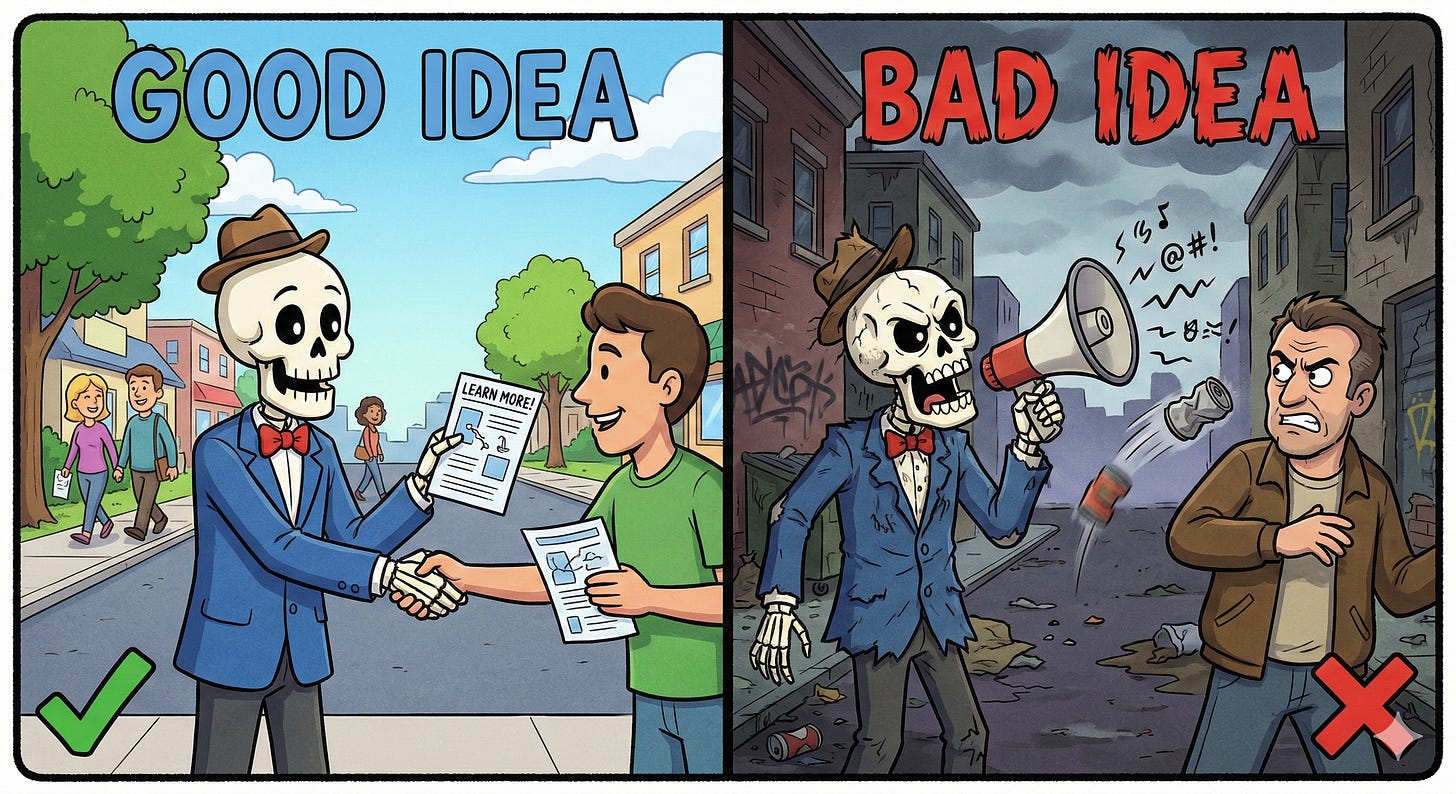 Alt Text Two-panel digital illustration parodying the "Good Idea, Bad Idea" segments from Animaniacs. The left panel, titled "GOOD IDEA" in bubbly orange and pink letters, features Mr. Skullhead (a cartoon skeleton in a blue suit) smiling and shaking hands with a man while holding an educational flyer. The right panel, titled "BAD IDEA" in muted blue and pink letters, shows Mr. Skullhead shouting through a megaphone at a stressed-looking man in a brown jacket.