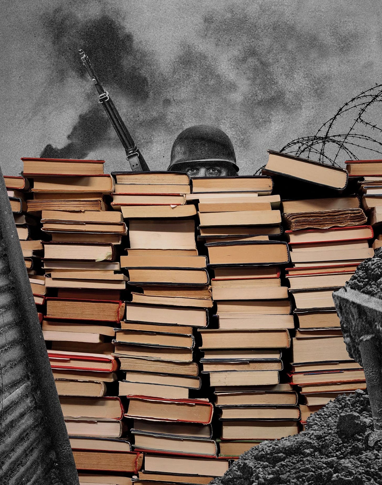 A soldier behind a pile of books. A soldier behind a pile of books.