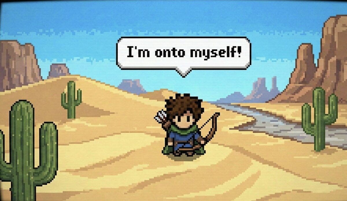 Pixel-art adventurer in a desert landscape, saying 'I'm onto myself!' Pixel-art adventurer in a desert landscape, saying 'I'm onto myself!'