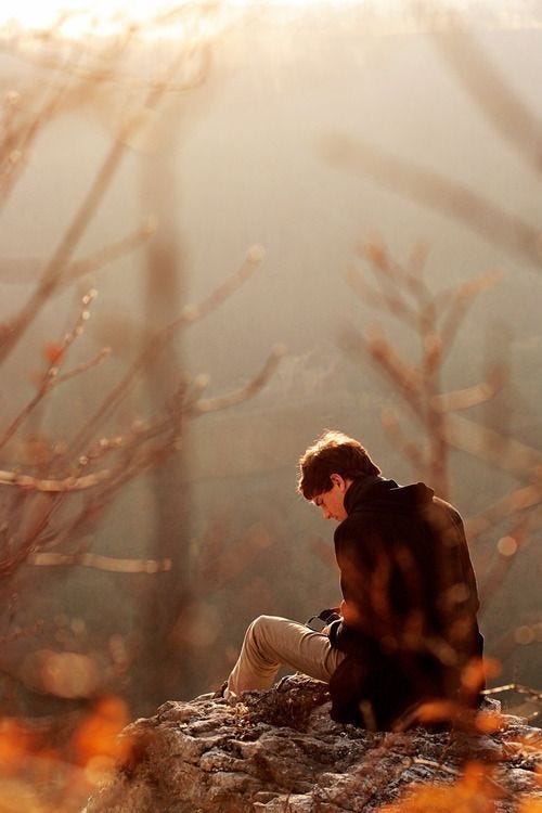 This may contain: a young man sitting on top of a rock next to dry grass and trees in the background