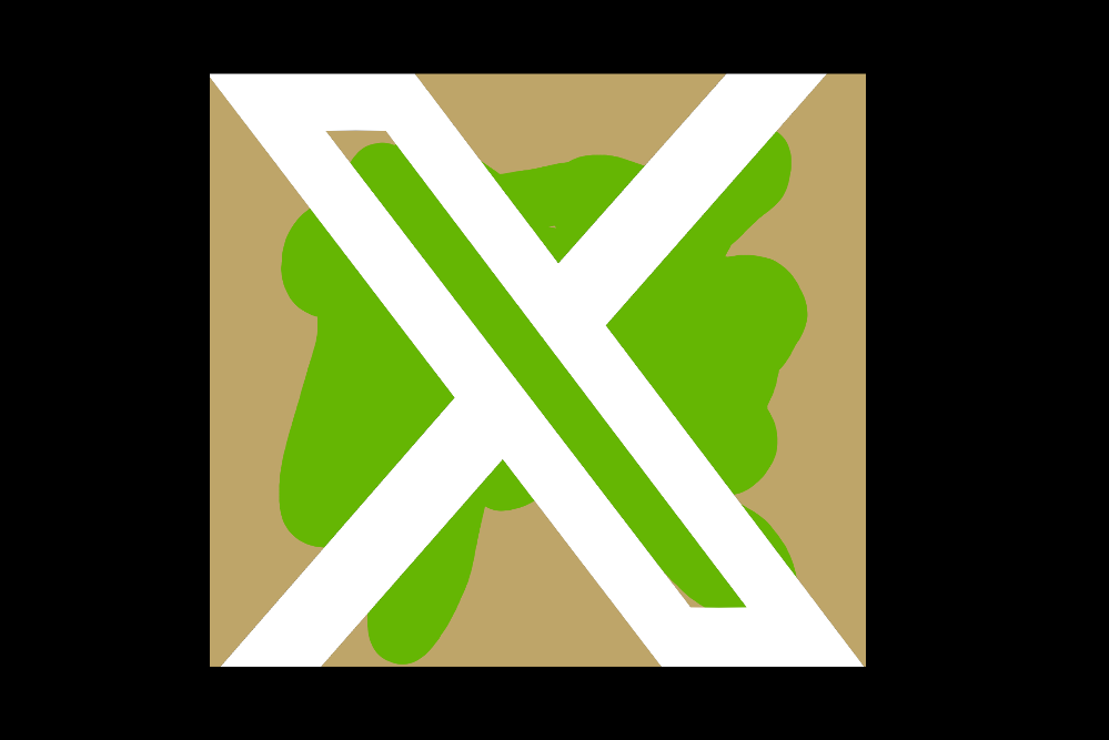 The Twitter "X" logo, with a gob of snot scribbled behind it, all in the colors of the Doily Allergen logo