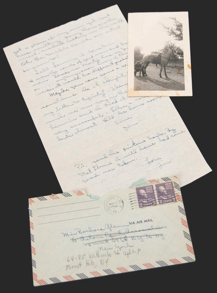 James Dean's handwritten letter to his girlfriend Barbara Glenn and a photo of a saddled horse.