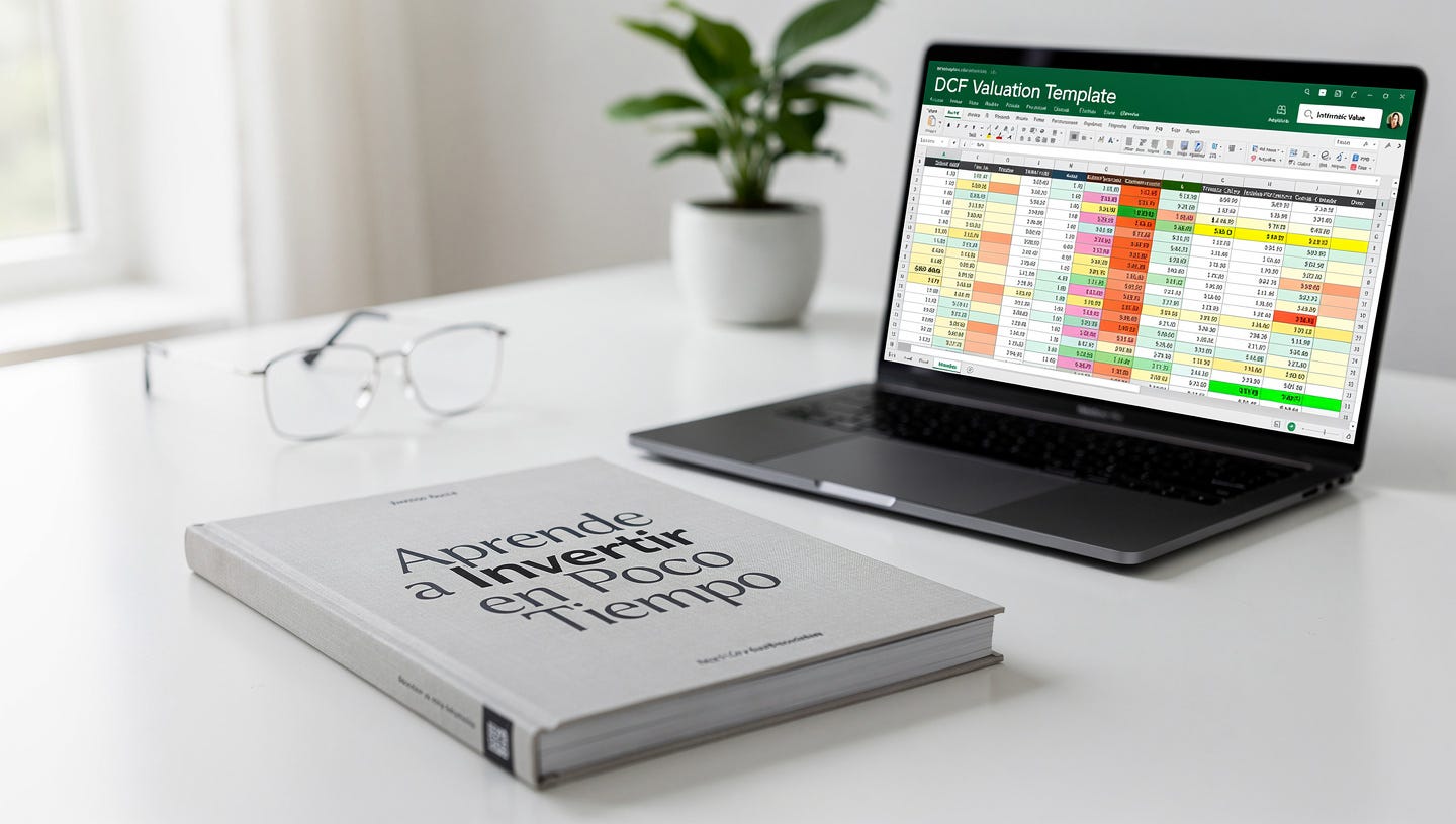 A premium product mockup photograph. On a clean, minimalist white desk, there is a physical high-quality hardcover book with the title "Aprende a Invertir en Poco Tiempo" in elegant, modern typography. Next to it, a sleek MacBook Pro is open, displaying a professional Excel spreadsheet with a vibrant, clean "DCF Valuation Template" full of cells and a final "Intrinsic Value" calculation. A pair of stylish glasses and a minimalist plant are in the background. The lighting is bright, airy, and evokes a sense of "clarity" and "financial freedom." High-end lifestyle photography. A premium product mockup photograph. On a clean, minimalist white desk, there is a physical high-quality hardcover book with the title "Aprende a Invertir en Poco Tiempo" in elegant, modern typography. Next to it, a sleek MacBook Pro is open, displaying a professional Excel spreadsheet with a vibrant, clean "DCF Valuation Template" full of cells and a final "Intrinsic Value" calculation. A pair of stylish glasses and a minimalist plant are in the background. The lighting is bright, airy, and evokes a sense of "clarity" and "financial freedom." High-end lifestyle photography.