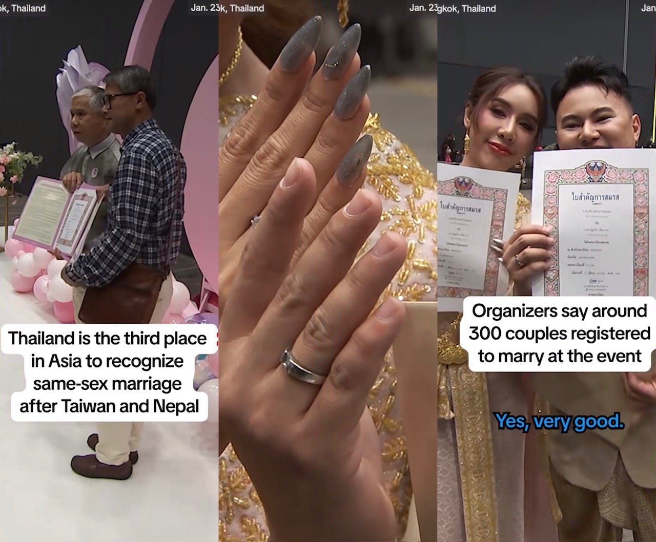 Three panels of screenshots from a Thai same sex marriage story. On the far left are two men holding an official document. The middle are the hands of two people showing off new wedding rings. The right are two more people who just married showing off their certificate. Three panels of screenshots from a Thai same sex marriage story. On the far left are two men holding an official document. The middle are the hands of two people showing off new wedding rings. The right are two more people who just married showing off their certificate.