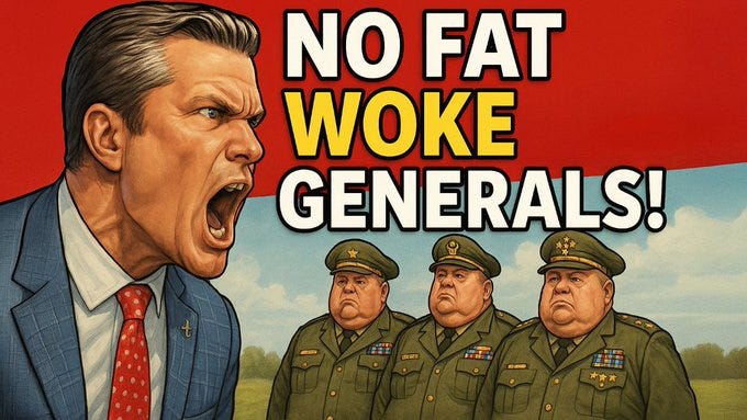 A man in a blue suit and red tie shouting, with three military generals in uniform standing behind him. The generals wear medals and hats. Large yellow text reads "NO FAT WOKE GENERALS!" on a red background. A man in a blue suit and red tie shouting, with three military generals in uniform standing behind him. The generals wear medals and hats. Large yellow text reads "NO FAT WOKE GENERALS!" on a red background.