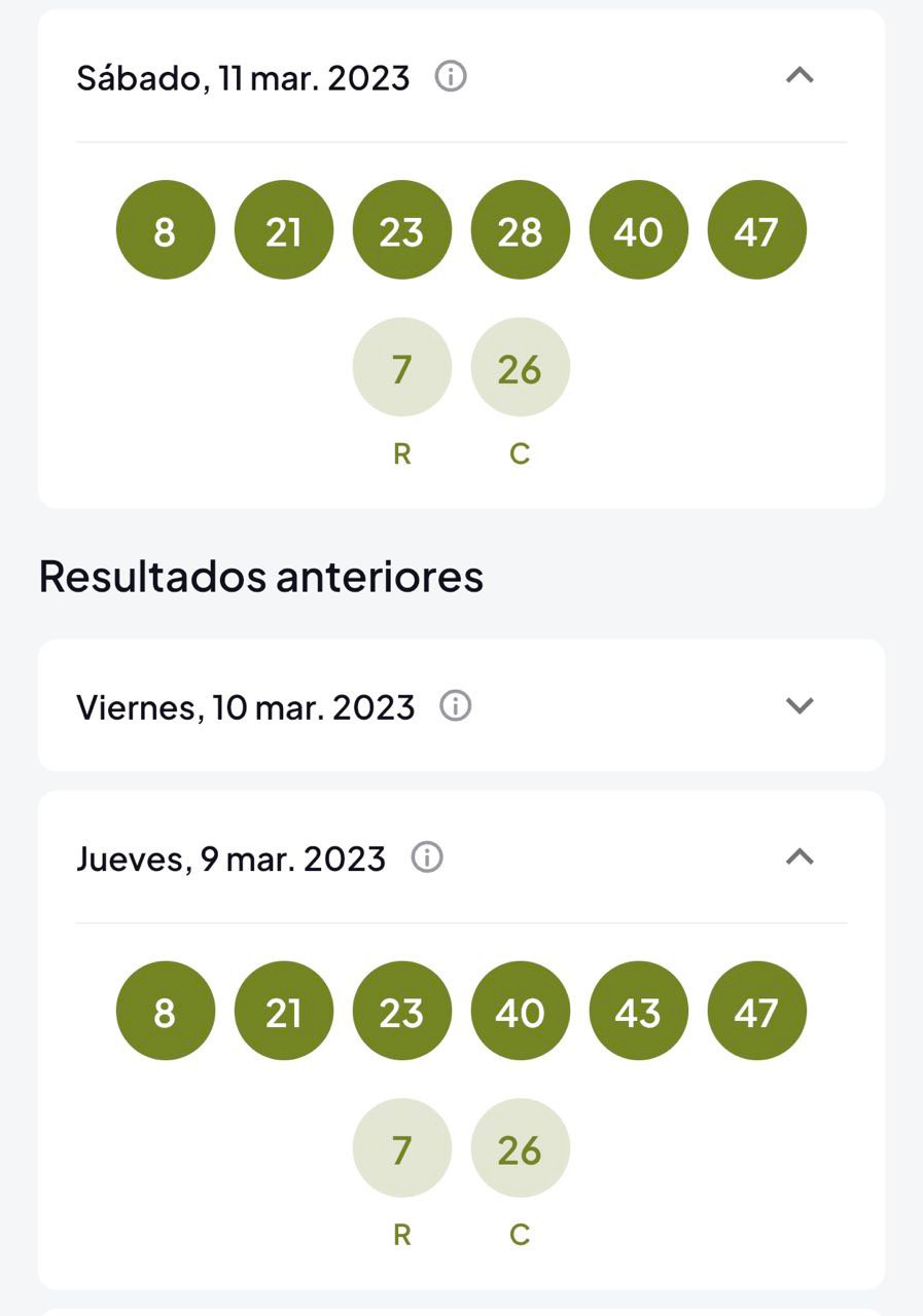 Resultados de la bonoloto mostrados en la app Lotty