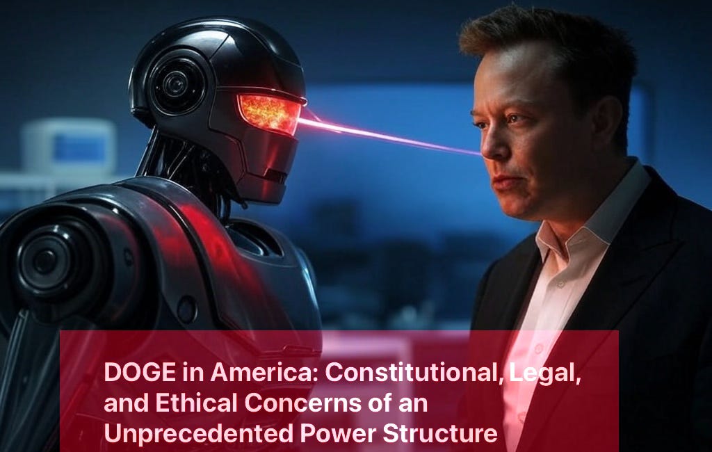 Claude: This essay examines the multifaceted implications of DOGE's activities. It explores constitutional questions regarding separation of powers and executive authority...