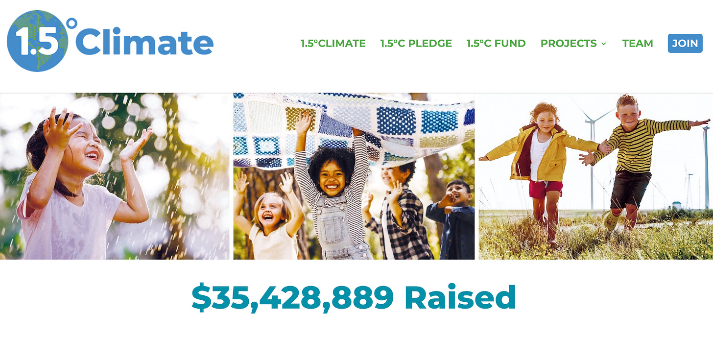 A screenshot from the 1.5 Climate homepage showing happy kids, solar projects, and highlighting that the donor collective has raised more than $35 million in philanthropic dollars.