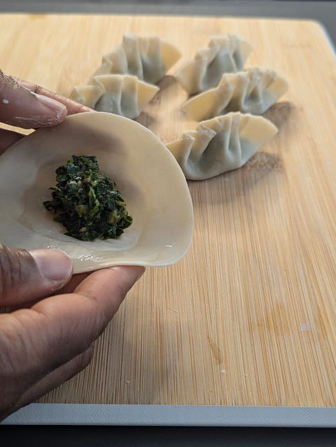 Gallery of three images showing the process of making collard greens gyoza: ingredients laid out on a board, dumplings being assembled, and the final cooked gyoza ready to serve.