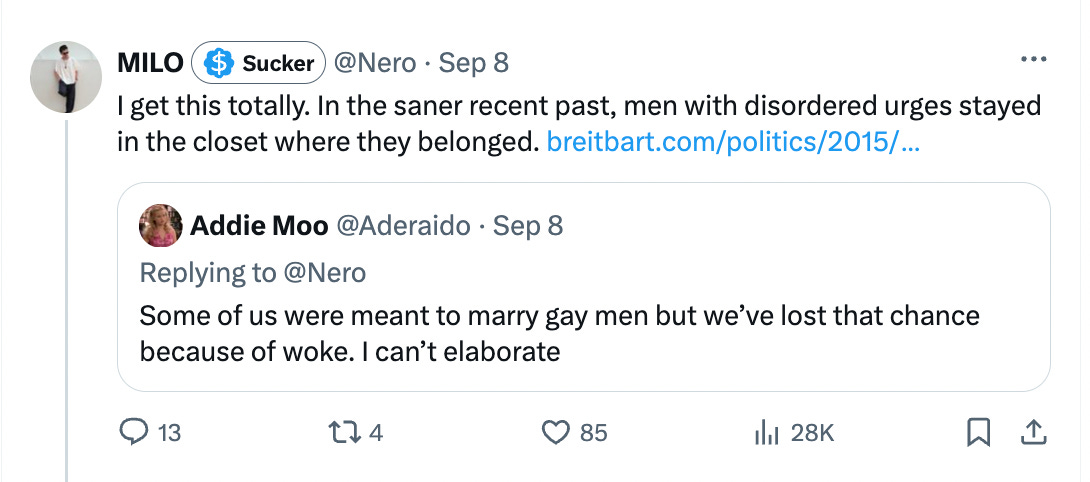 Some of us were meant to marry gay men but we've lost that chance because of woke. I can't elaborate Some of us were meant to marry gay men but we've lost that chance because of woke. I can't elaborate