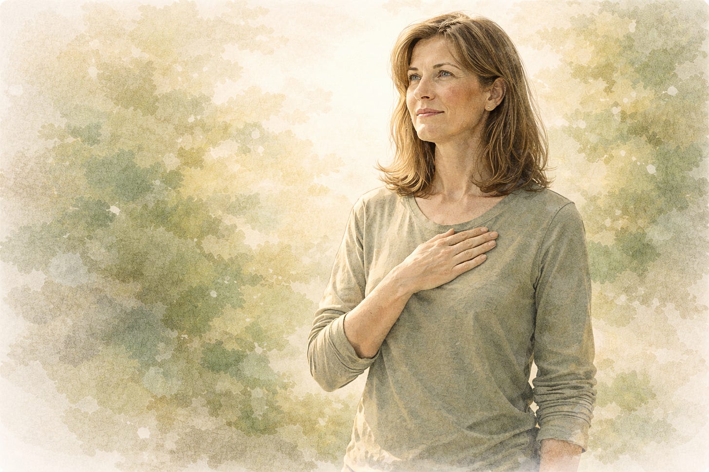 Woman standing in gentle sunlight with her hand over her heart, expressing quiet self-love and self-acceptance.