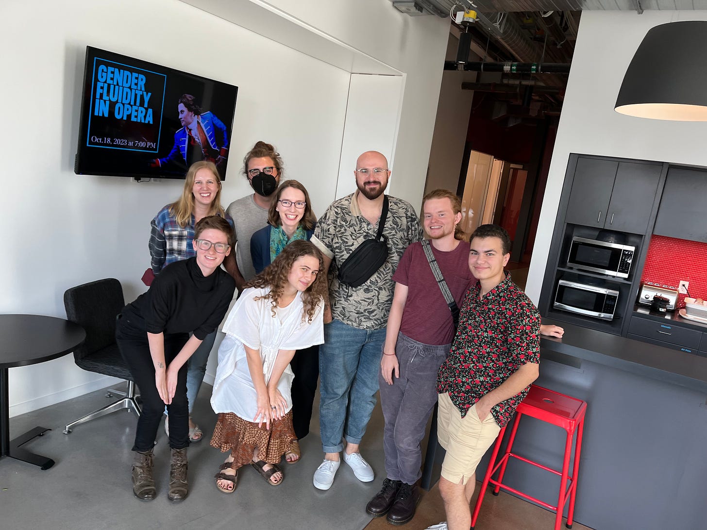 This year’s Creation Lab cohort of composers (C) and librettists (L). Front row: Ozzy Wagner (L), Hannah Schoettmer (L). Back row: Grace Oberhofer (C), Spencer Young (L), Mina Pariseau (Esary) (C), me (C), Mike Powers (C), Mateo Acuña (L). This year’s Creation Lab cohort of composers (C) and librettists (L). Front row: Ozzy Wagner (L), Hannah Schoettmer (L). Back row: Grace Oberhofer (C), Spencer Young (L), Mina Pariseau (Esary) (C), me (C), Mike Powers (C), Mateo Acuña (L).