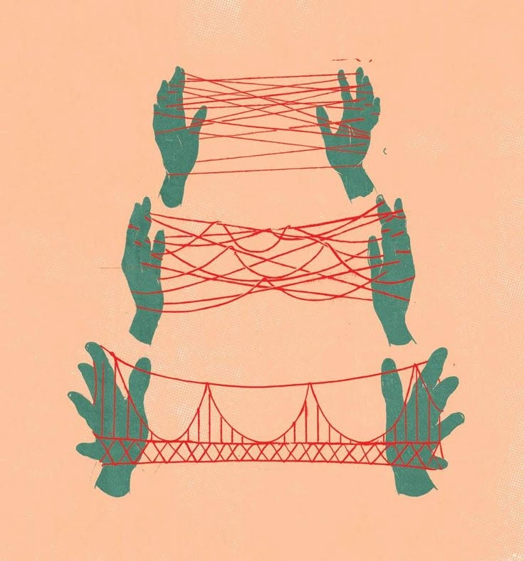 This may contain: two hands reaching up to the top of a bridge with wires above them, in red and teal This may contain: two hands reaching up to the top of a bridge with wires above them, in red and teal
