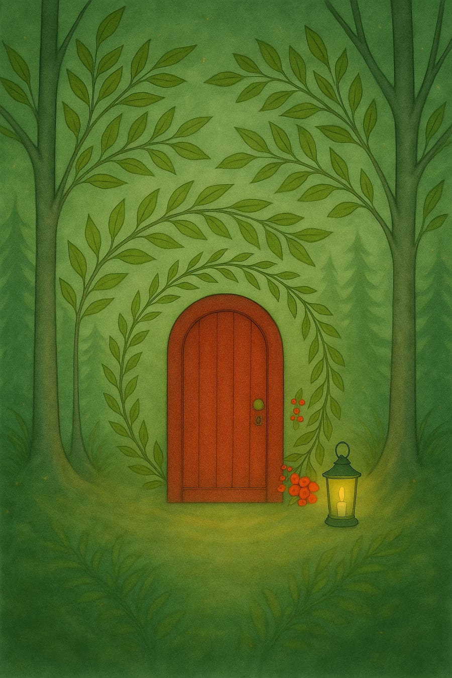 A red door in the middle of a woodland forest, like an Advent calendar for your inner life.