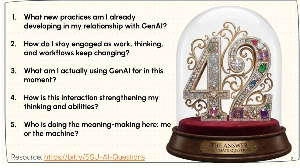 On the left, a numbered list presents five reflective questions about one’s evolving relationship with generative AI, focusing on practices, engagement, use, thinking, and meaning-making. On the right, a jeweled number “42” sits inside a glass dome on a wooden base labeled “The Answer: Ultimate Question,” referencing the Hitchhiker’s Guide motif. The composition contrasts structured self-reflection with a symbolic, playful reminder about the search for meaning in human–AI interaction. On the left, a numbered list presents five reflective questions about one’s evolving relationship with generative AI, focusing on practices, engagement, use, thinking, and meaning-making. On the right, a jeweled number “42” sits inside a glass dome on a wooden base labeled “The Answer: Ultimate Question,” referencing the Hitchhiker’s Guide motif. The composition contrasts structured self-reflection with a symbolic, playful reminder about the search for meaning in human–AI interaction.