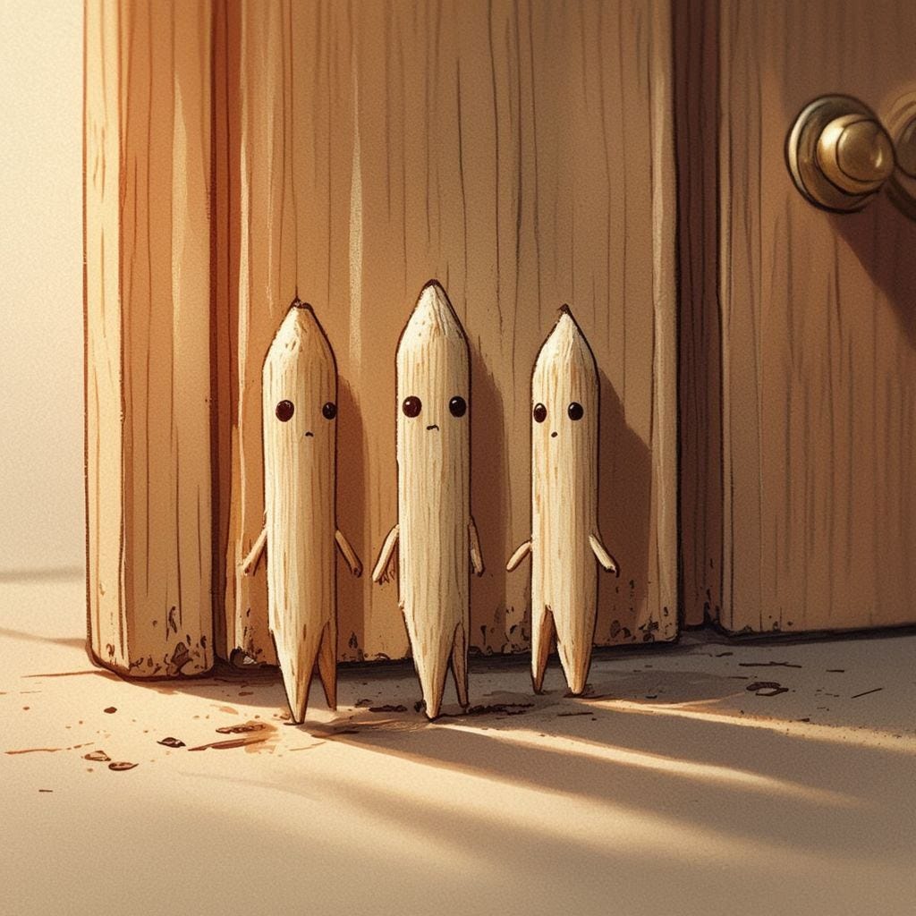 three toothpicks  with eyes standing at a door