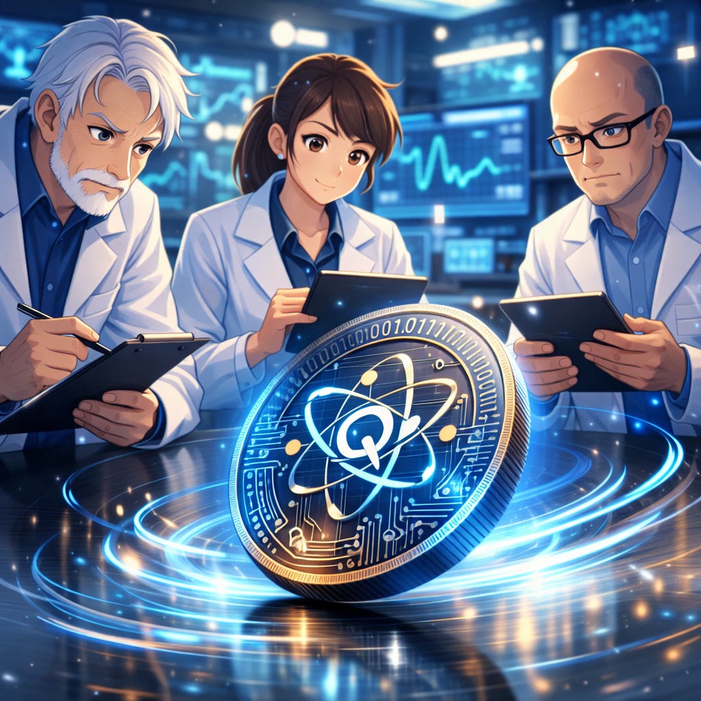 Illustration of scientists studying a glowing quantum coin representing qubits and quantum computing, with digital data and laboratory screens in the background