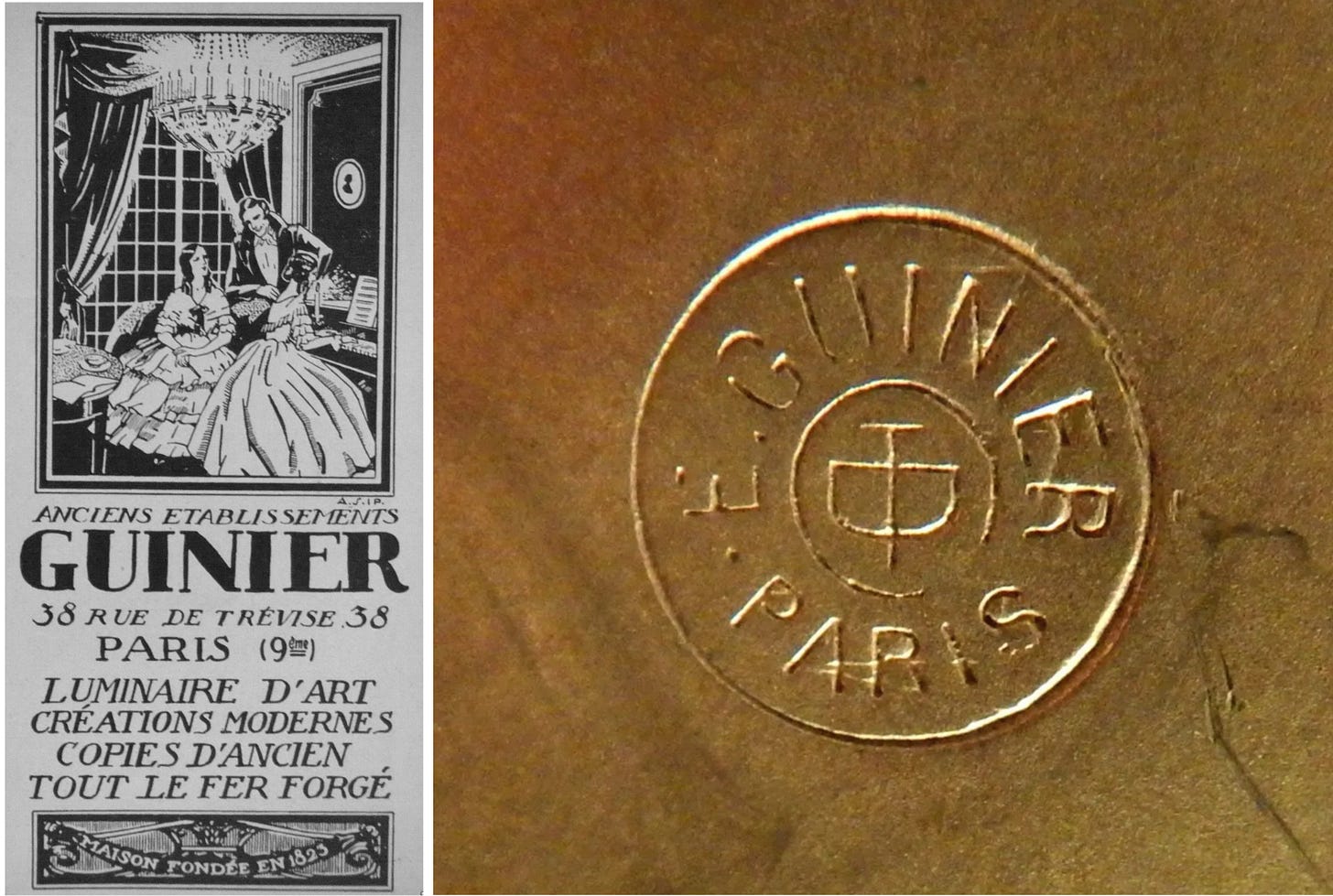 Left: Advertisement for the Edouard Guinier company, on Trévise street in Paris (ca 1910). Right: Stamp on the base of a Mélodion lamp, Roland 2015-05-16 lot #508. Left: Advertisement for the Edouard Guinier company, on Trévise street in Paris (ca 1910). Right: Stamp on the base of a Mélodion lamp, Roland 2015-05-16 lot #508.