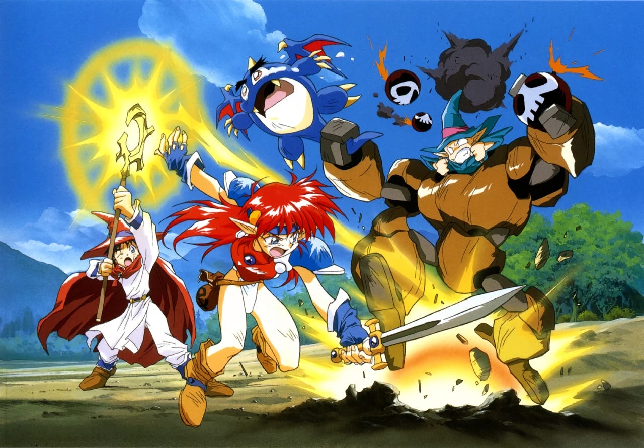 1boy 2boys arm_up armor blue_eyes blue_gloves bomb boots breastplate brown_footwear cape day explosion explosive fangs fingerless_gloves gaw_(popful_mail) gloves hat headband holding holding_staff holding_sword holding_weapon leotard long_hair long_sleeves magic mail_(popful_mail) multiple_boys non-web_source official_art open_mouth outdoors pauldrons popful_mail redhead shoulder_armor staff standing sword tail tail_grab tatto_(popful_mail) tears weapon wizard wizard_hat
