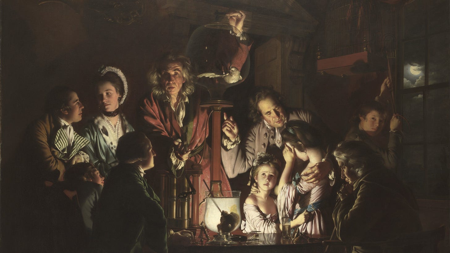 A travelling scientist demonstrates an air pump to a family at night, lit by one hidden candle. A bird lies in the glass globe, and a moon shows in the window. A travelling scientist demonstrates an air pump to a family at night, lit by one hidden candle. A bird lies in the glass globe, and a moon shows in the window.
