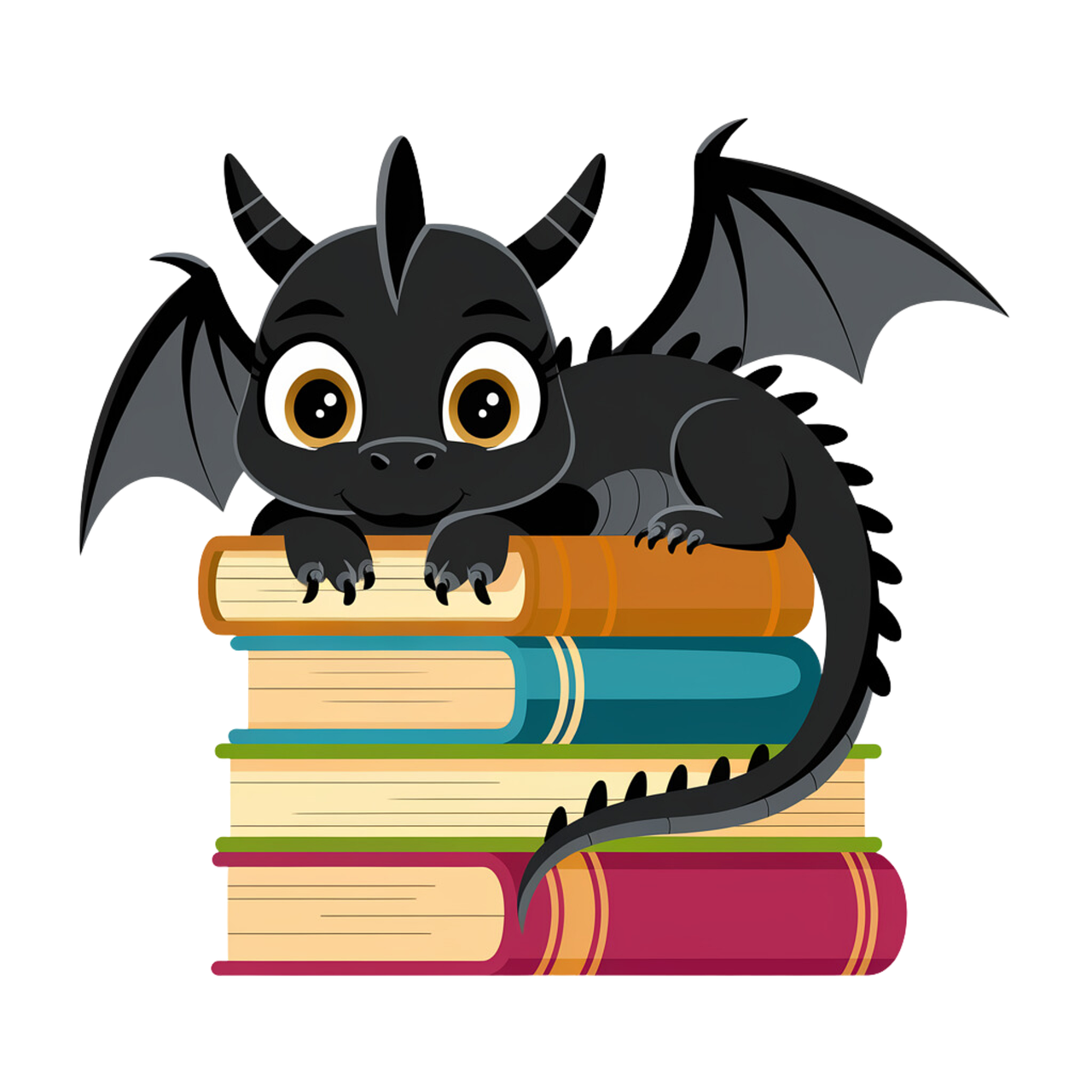 black cartoon dragon curled up on a pile of books