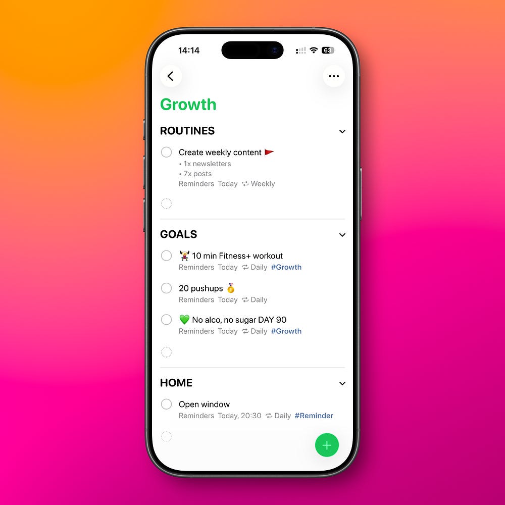 Apple Reminders app displayed on an iPhone with examples of recurring tasks organized by daily, weekly, monthly, and annual sections.