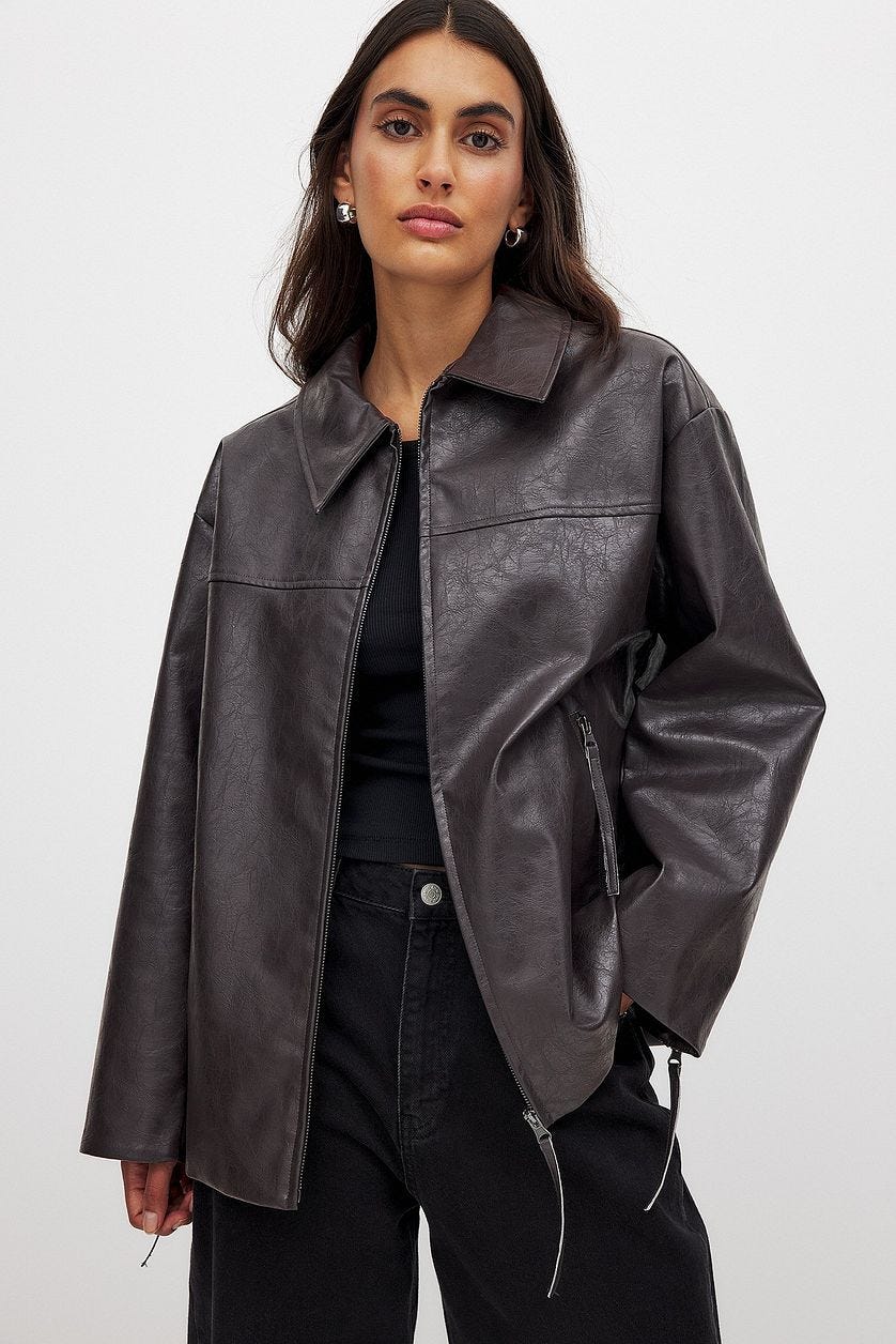 Brown Zip Detail Shiny Pu Jacket