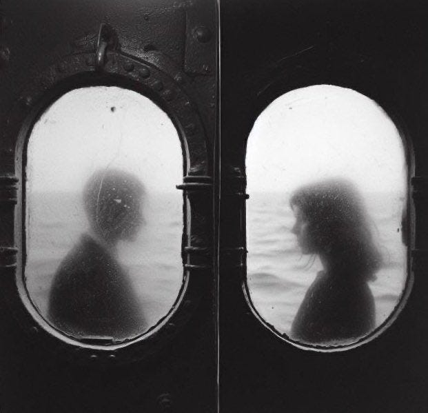 This may contain: two people are seen through the portholes of a ship's door as they look out into the water