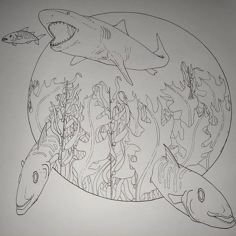 process pictures of a ink and marker drawing