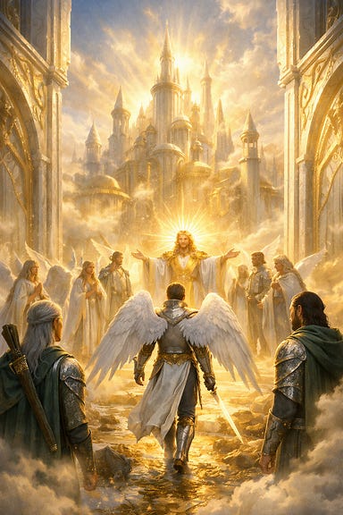 Ithuriel being welcomed to the Immortal city of Pandius, celestial gates opening, radiant light, Devas and Ixion the Morninglord greeting him, alabaster towers and clouds of gold, divine atmosphere Ithuriel being welcomed to the Immortal city of Pandius, celestial gates opening, radiant light, Devas and Ixion the Morninglord greeting him, alabaster towers and clouds of gold, divine atmosphere