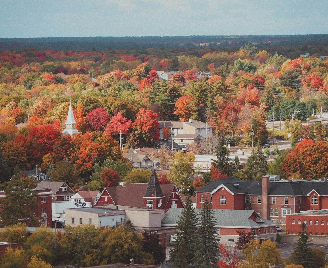 a town surrounded by trees in the fall