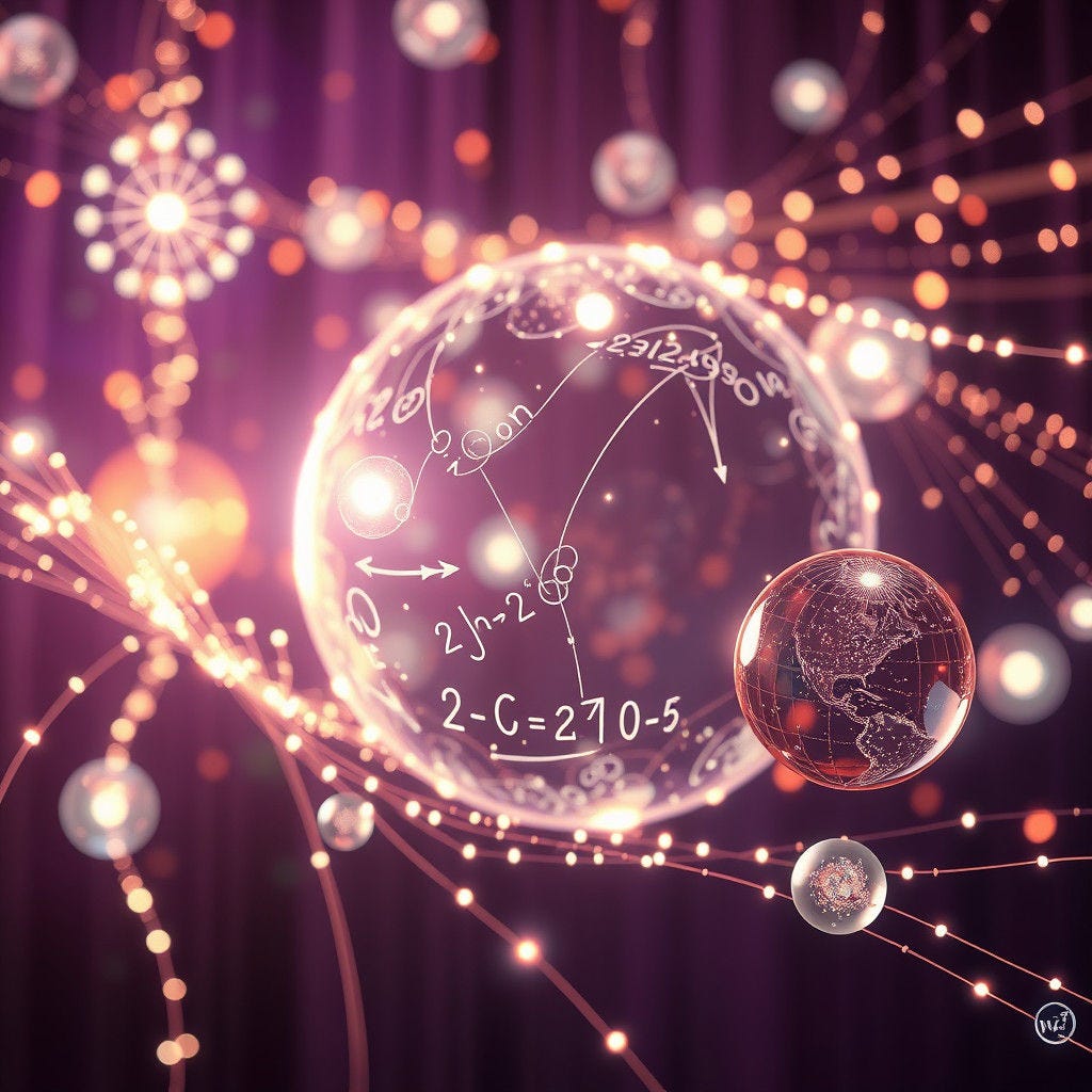 Intricately arranged, magnificent strings and globes of light, mathematical formulas of precise beauty, Fibonacci sequen...