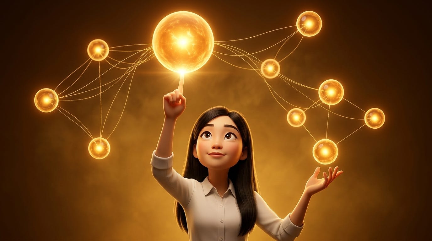 Pixar-style 3D illustration of Jenny Ouyang from Build to Launch pointing upward with one finger touching a large glowing amber orb in a constellation of connected skill spheres, representing organized Claude skill architecture | Build to Launch