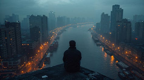 An image of a dark, brooding figure sitting alone on a rooftop at night, overlooking a cityscape with tall buildings and a river.