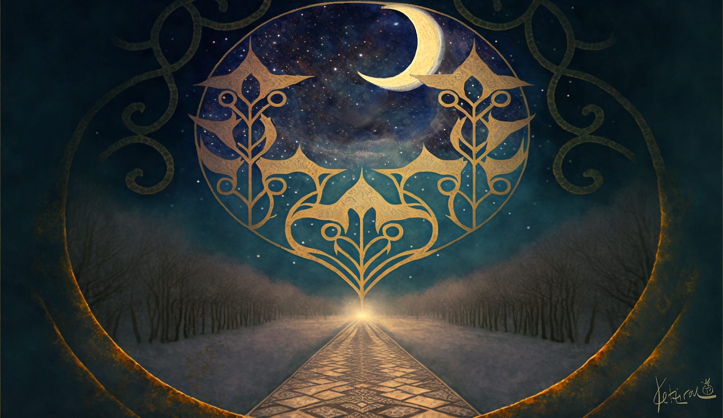 Painterly illustration of tree lined pathway illuminated by the waxing moon leading you to a pin point of light on a dark winter night.