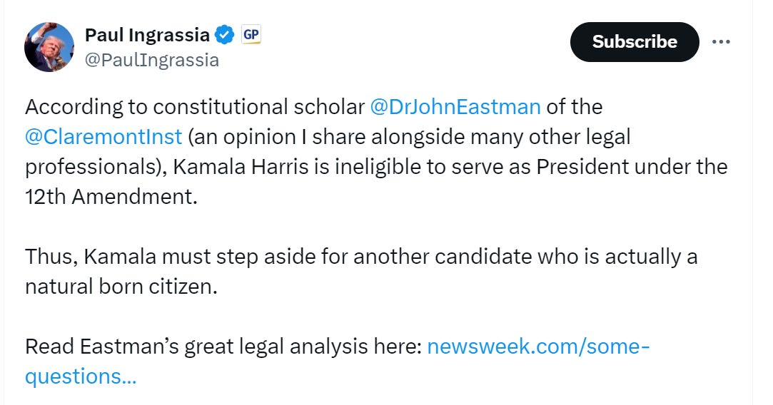 Conservative lawyer Paul Ingrassia bringing up the Kamala birther theory.