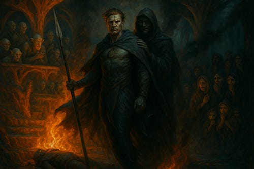 “A dramatic nighttime scene in the coral throne hall of the merrow king. The carved coral architecture arches overhead; oil and torches set the room ablaze, throwing furious orange light and deep shadows. In the foreground stands Cael, full height, cloak whipping; his face is a hard mask of grief turned to ruthless intent. He grips a long spear with one hand; the other keeps the chain of a dull, round medallion pressed to his chest. His clothing is singed; a fallen guard smolders near his boots. Behind him on raised coral benches the merrow council recoils — webbed hands raised, faces pale and wet, expressions of shock, disbelief and fear. To the left, villagers and children scramble toward an archway, mouths open in cries; to the right, smoke and embers spiral up. In the smoke directly behind Cael, a man steps forward from ash: Sable, appearing as a composed figure in dark clothing, his eyes glowing faintly like coals and a small, knowing smile at his lips. He rests a single hand lightly on Cael’s shoulder, the gesture intimate and corrupting. Ember light reflects in puddles of oil on the coral floor. The overall mood is tragic and ominous, with the contrast of cold sorrow in Cael’s expression against the warm, destructive glow of the fire. A small scrap of green silk clings to a spike of coral in the foreground — a torn remnant of the lost Muirín.”