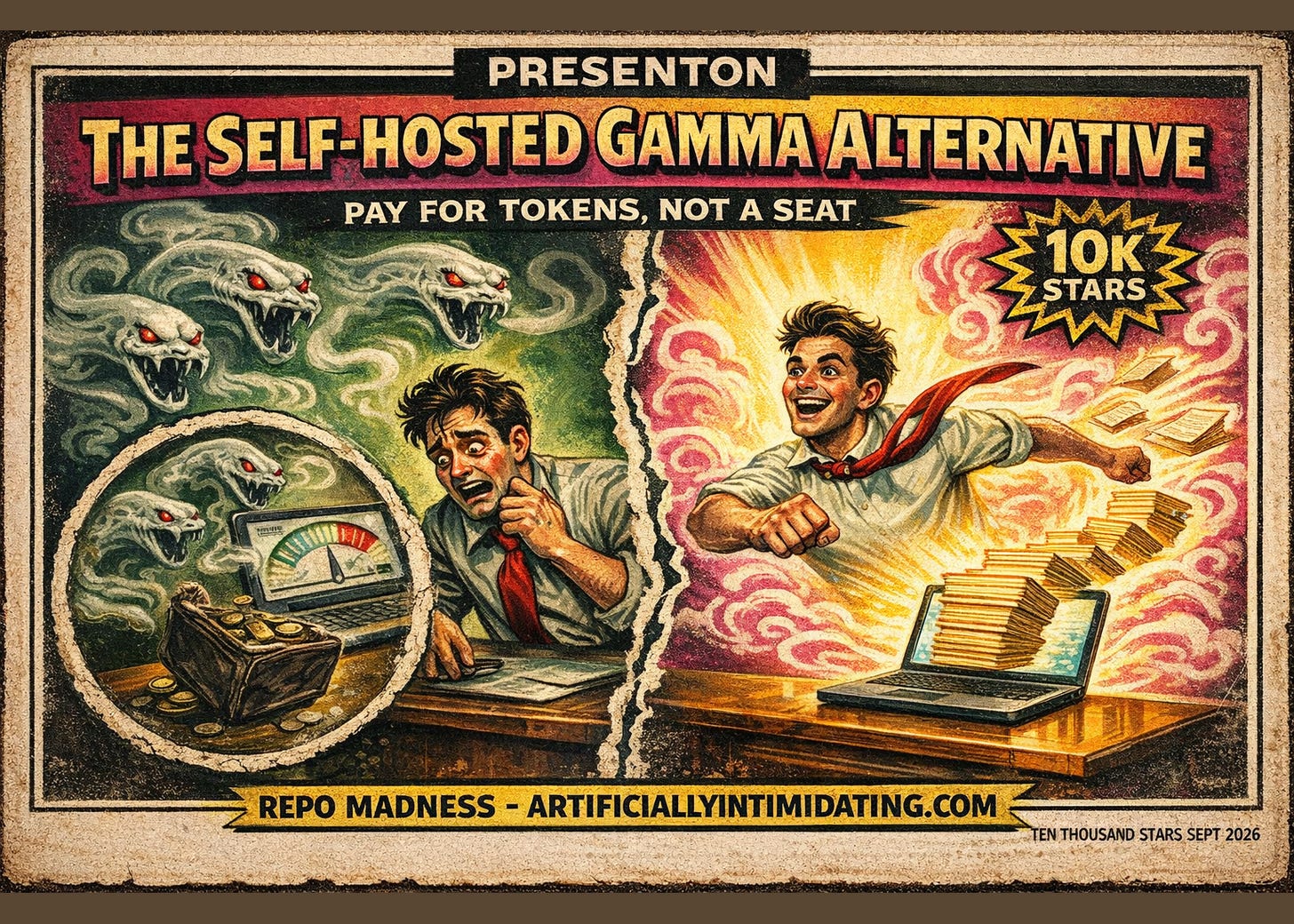 Split vintage poster: left, a person recoils from ghostly snake heads over a laptop showing a maxed-out cost gauge and an open money chest; right, the same person flies forward as a stack of slides bursts from a laptop.