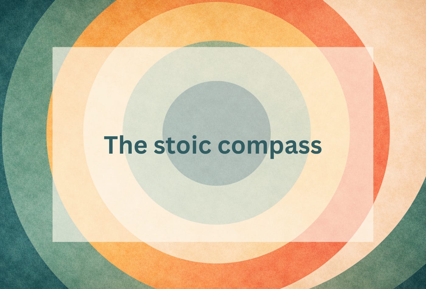 The Stoic Compass: an eight-pointed wind rose showing the four Stoic virtues (Wisdom, Courage, Justice, Temperance) at the cardinal points, and four practical tools (Mind the Gap, Trichotomy of Control, Negative Visualisation, View from Above) at the intercardinal points.