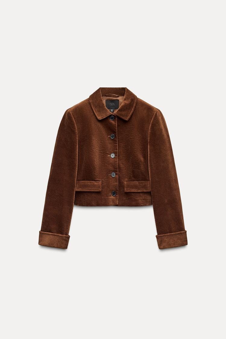 Zara CROPPED VELVET JACKET - Brown - Image 2