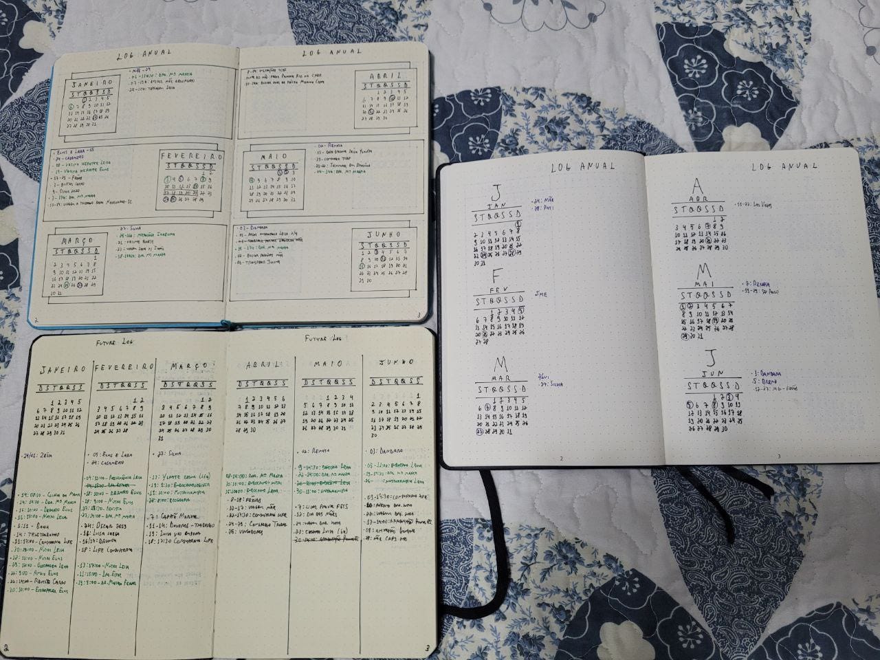 Foto de três cadernos abertos mostrando meses de janeiro a junho com itens planejados do lado ou abaixo. Foto de três cadernos abertos mostrando meses de janeiro a junho com itens planejados do lado ou abaixo.