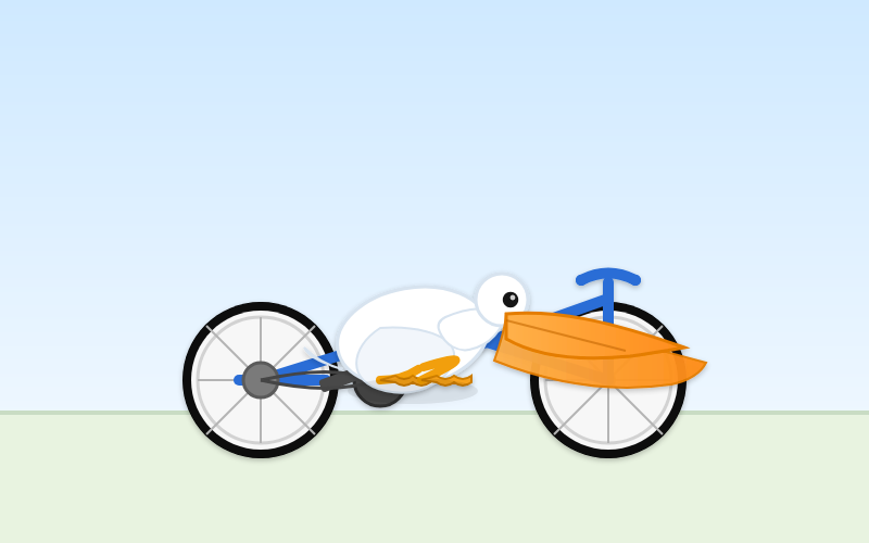 Biycle is good though obscured by the pelican. Pelican has an impressive triple beak and is stretched along the bicycle frame. Not clear if it can pedal or what it is sitting on. Biycle is good though obscured by the pelican. Pelican has an impressive triple beak and is stretched along the bicycle frame. Not clear if it can pedal or what it is sitting on.