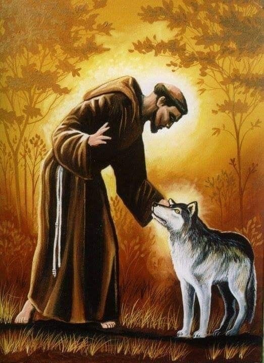 This may contain: a painting of a man kneeling down next to a wolf