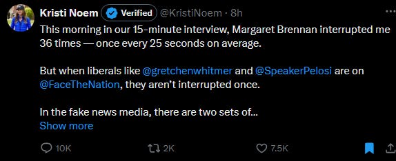 Noem tweet complaining Margaret Brennan interrupted her 36 times "once every 25 seconds on average." Noem tweet complaining Margaret Brennan interrupted her 36 times "once every 25 seconds on average."