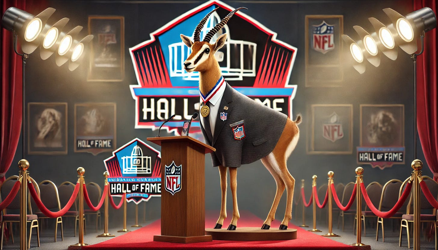 A distinguished and elegant depiction of an antelope being inducted into the NFL Hall of Fame. The antelope is posed proudly on a podium, wearing a tailored Hall of Fame blazer and a commemorative medal around its neck. The background features the iconic Hall of Fame logo and banners, with spotlights highlighting the antelope. The setting is formal, with a red carpet and an audience in the distance. The atmosphere exudes prestige and honor.